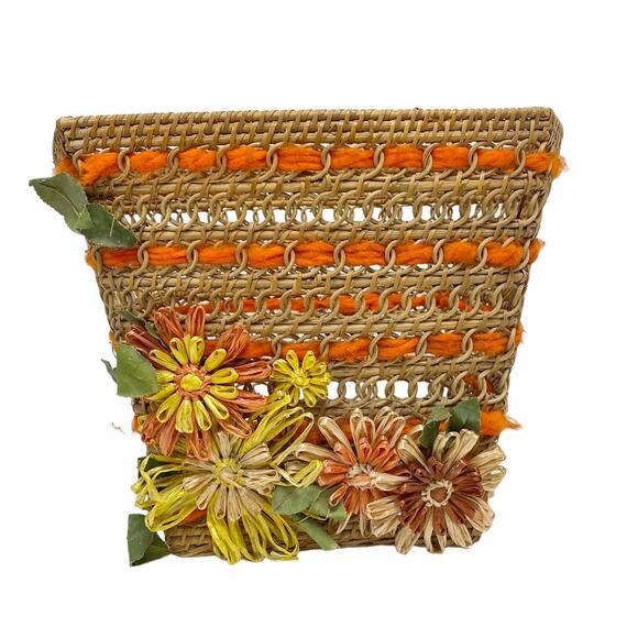 Vintage Straw Woven Square Floral Decor Bin Basket - Picture 1 of 8